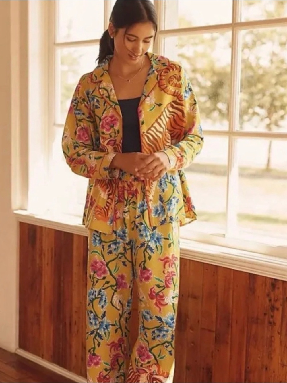 Anthropologie Yellow Floral & Tiger Print Pajama Set